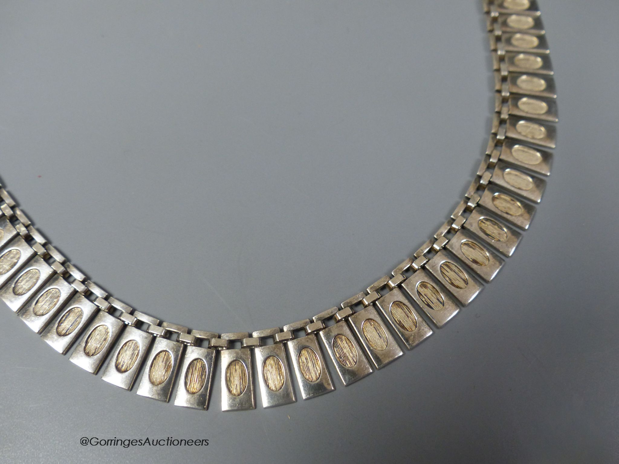 A modern white metal, stamped sterling silver, fringe necklace, 36cm.